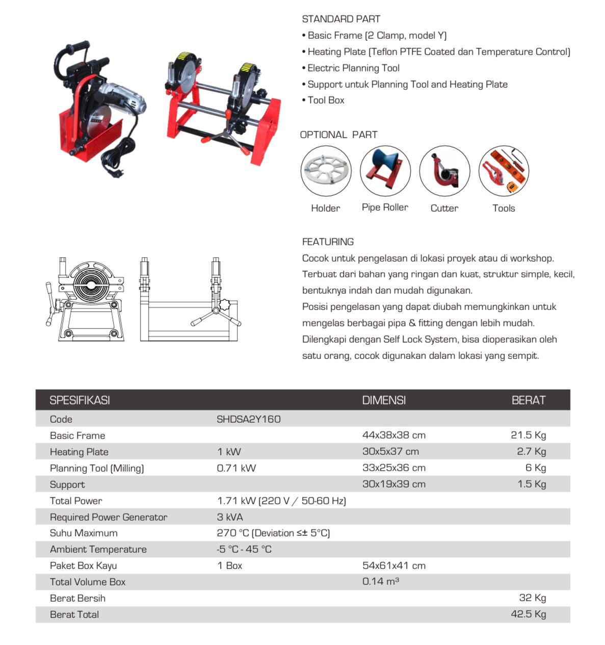 Mesin Las Pipa HDPE Manual 6″Inch OD 160mm 2 Clamp – Alat Penyambung Pipa HDPE
