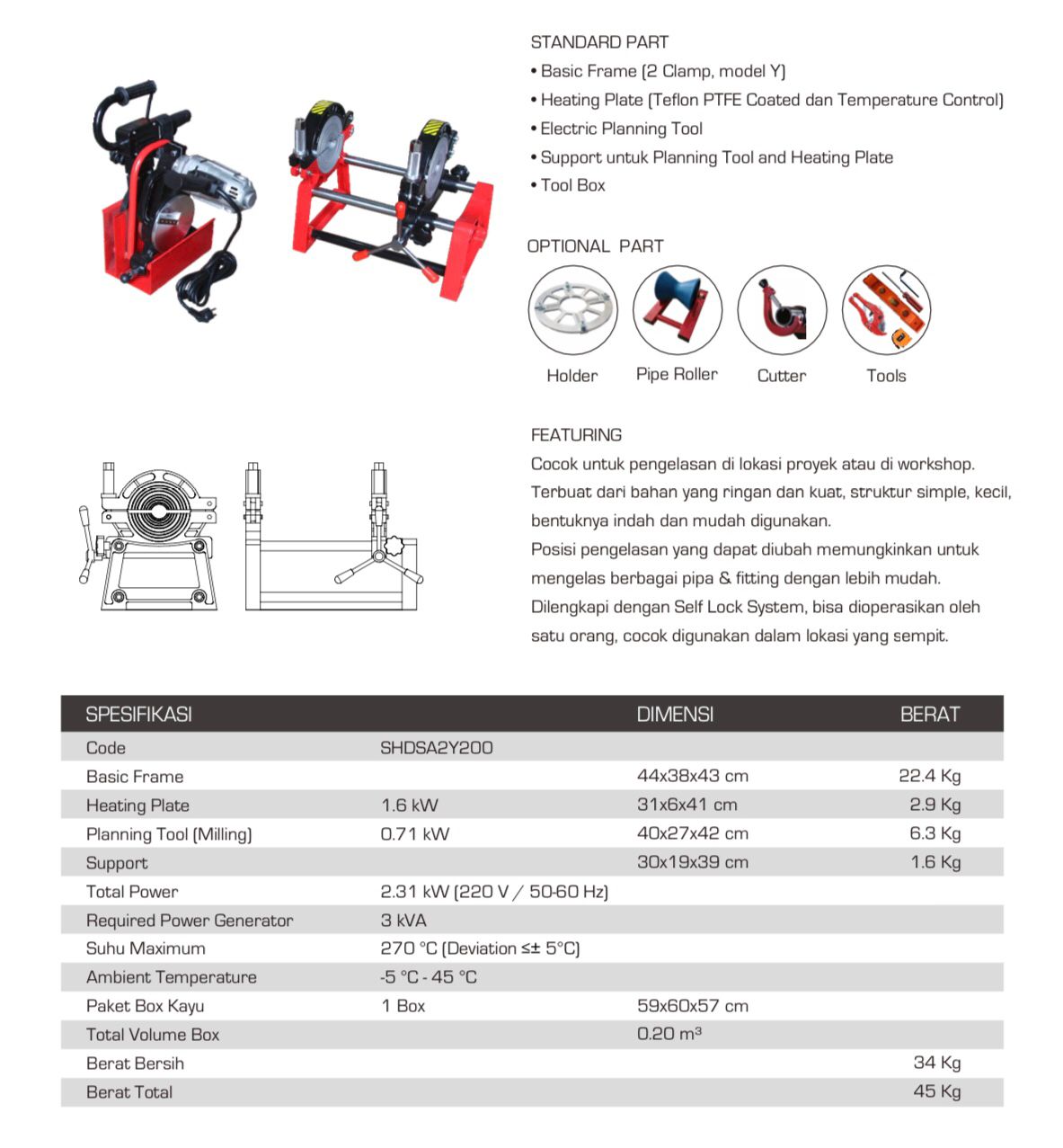 Mesin Las Pipa HDPE 200mm 8 Inch Manual 2 Clamp Butt Fusion