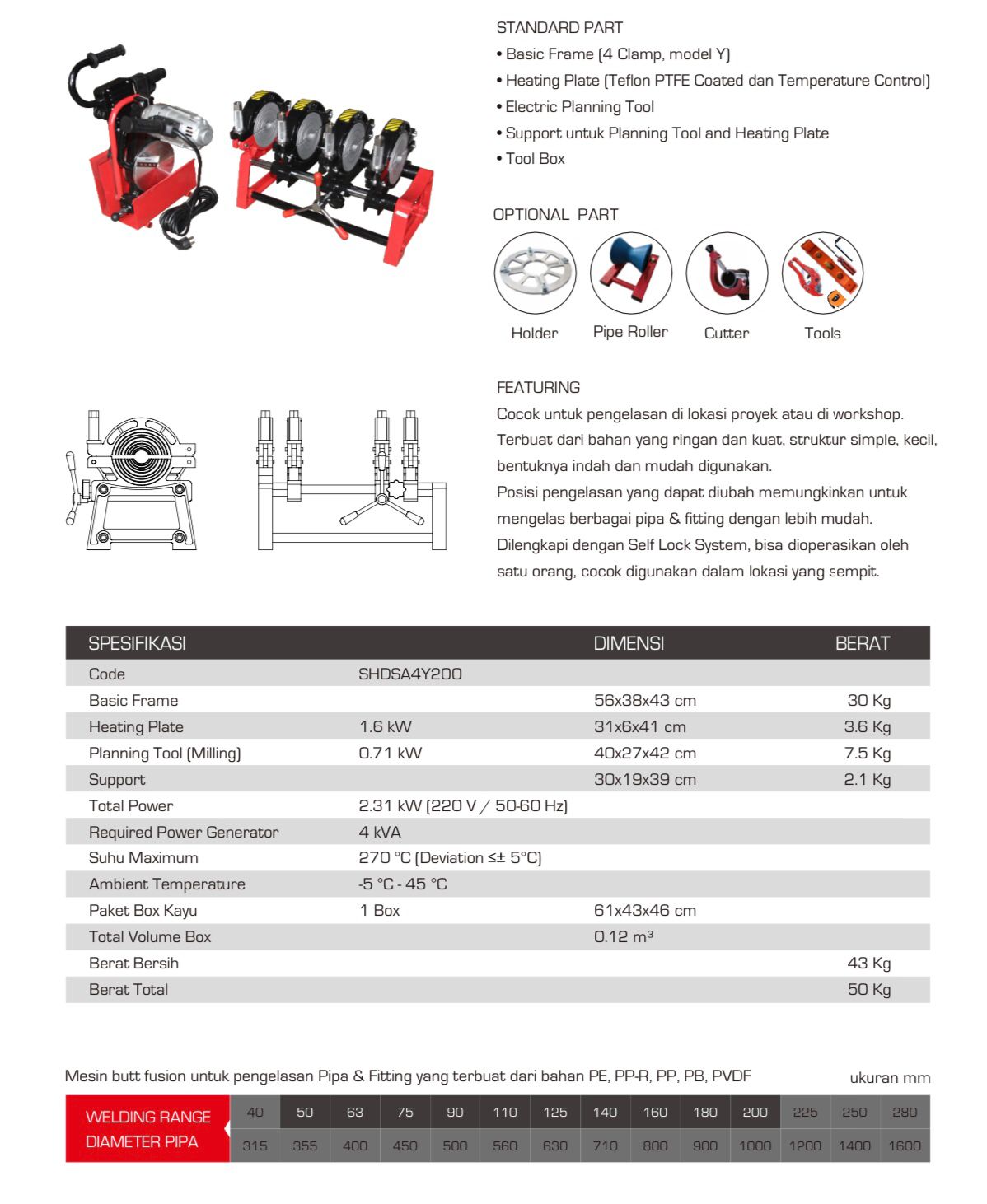 MESIN LAS PIPA HDPE MANUAL 8″INCH 200 MM SHDS Y 4 CLAMPS