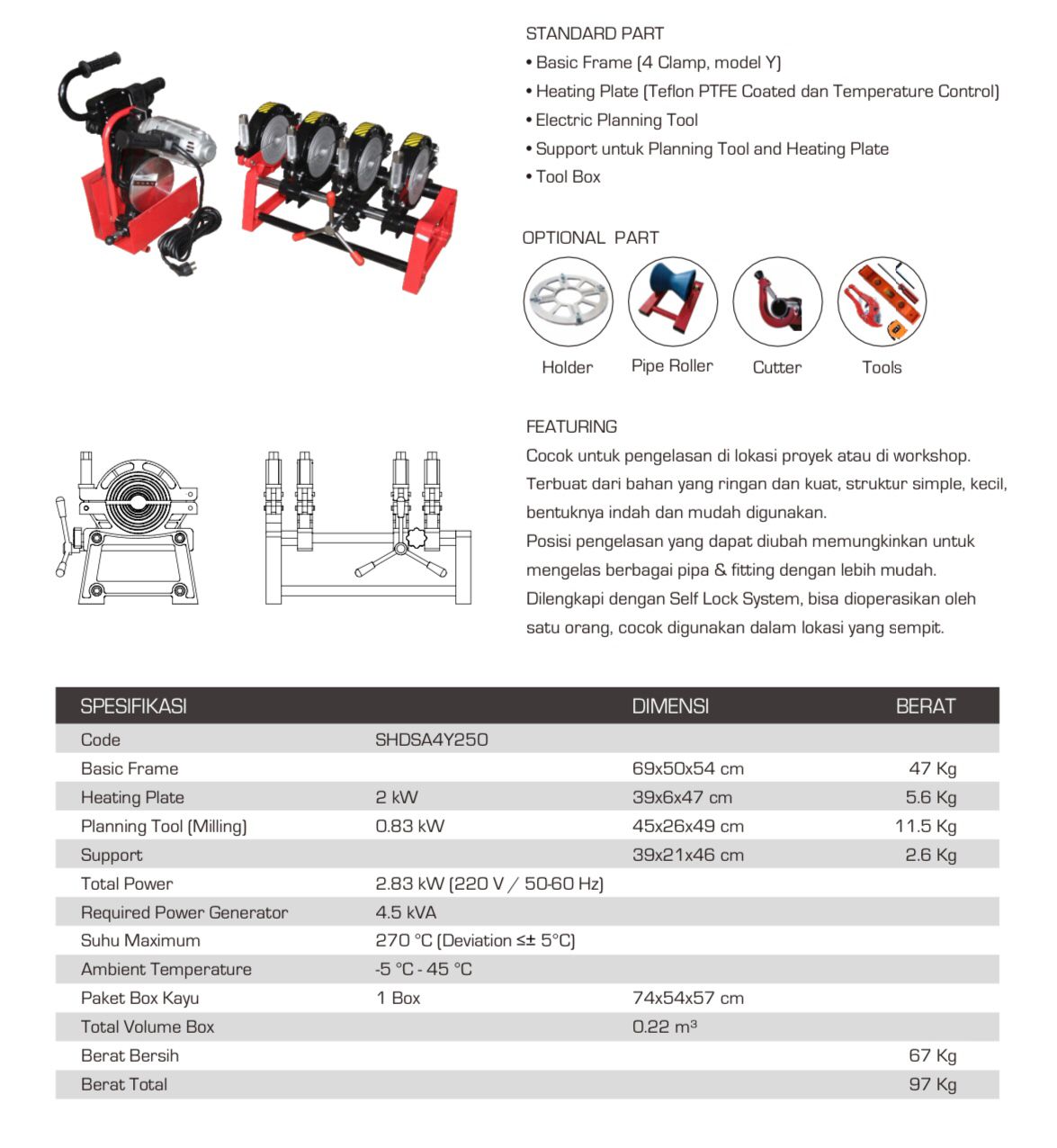 MESIN LAS PIPA HDPE 2″INCH 10″INCH MESIN 250 MM SHDS Y A4 TIPE MANUAL
