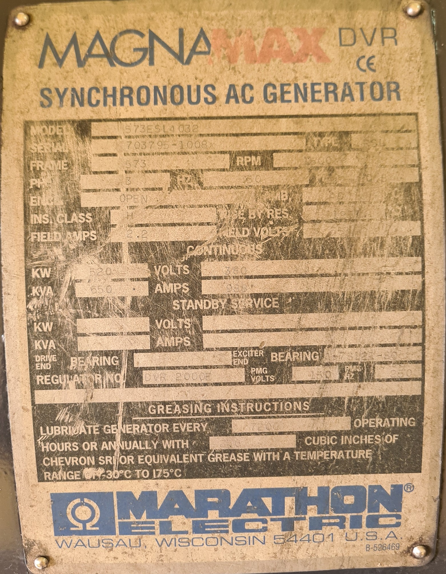 Generator 650 kVA Second Marathon Alternator