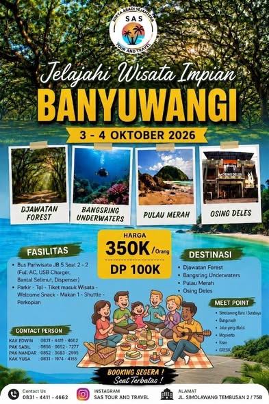 ‎ ‎Yuk nikmati serunya liburan 2 hari 1 malam bersama SAS Tour and Travel ke destinasi terbaik Banyuwangi! 🏝️🚍 ‎